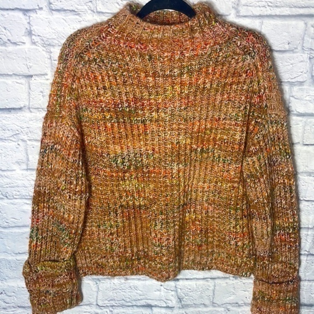 Handmade Chunky Knit Mock Turtle Cowl Boxy Oversized Multicolor Boho Sweater Top